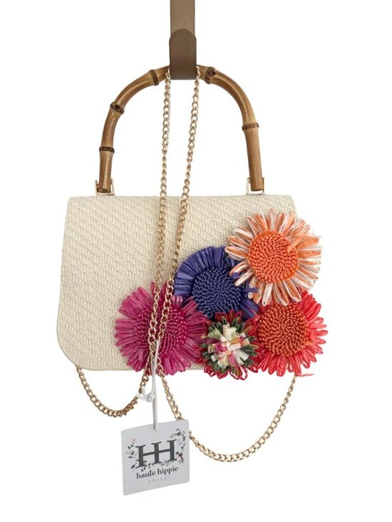 Haute Hippie Handbags - NWT HAUTE HIPPIE Woven Straw Small Hand Bag Bamboo Handle Floral Appliques